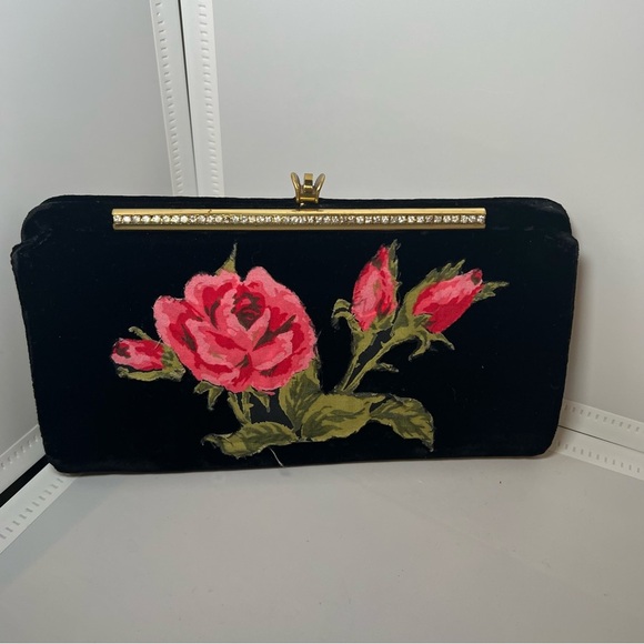 Vintage Velvet Black Clutch With Roses Glued On Sparkly Stones - Picture 1 of 9